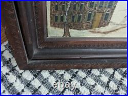 Rare Folk Art Painting'Hunting Scene' 1880s Unusual Chip-Carved Frame