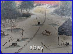 Rare Folk Art Painting'Hunting Scene' 1880s Unusual Chip-Carved Frame