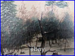Rare Folk Art Painting'Hunting Scene' 1880s Unusual Chip-Carved Frame