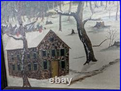 Rare Folk Art Painting'Hunting Scene' 1880s Unusual Chip-Carved Frame