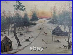Rare Folk Art Painting'Hunting Scene' 1880s Unusual Chip-Carved Frame