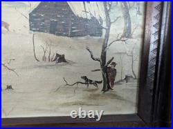 Rare Folk Art Painting'Hunting Scene' 1880s Unusual Chip-Carved Frame