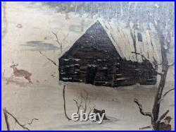 Rare Folk Art Painting'Hunting Scene' 1880s Unusual Chip-Carved Frame
