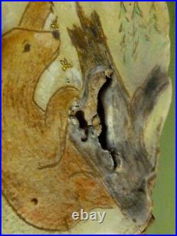 Rare Folk Art Paintings by Keast Painting on Natural Wood Bear Cabin
