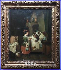 Rare French Naive Antique oil painting Little Red Riding Hood The Wolf signed