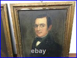 Rare Pair American Antique Original Primitive Folk Art 1850s Portraits Unsigned