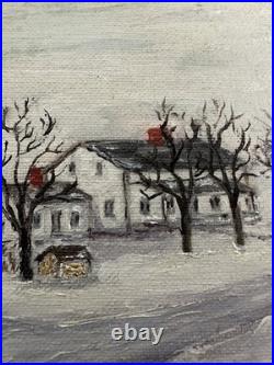 Rare Vintage California Folk Art Naive Winter Snow Scene Oil Painting