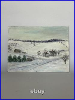 Rare Vintage California Folk Art Naive Winter Snow Scene Oil Painting