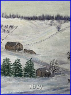 Rare Vintage California Folk Art Naive Winter Snow Scene Oil Painting