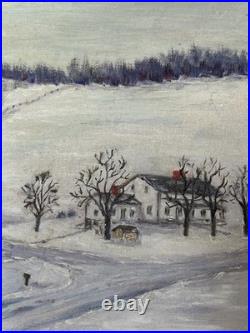 Rare Vintage California Folk Art Naive Winter Snow Scene Oil Painting