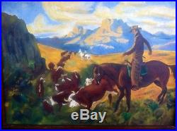 Rare Vintage Folk Art Oil Painting Cattle Drive REAL Western Art Look