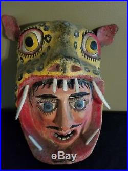 Rare Vintage Mexican Carved Wood Painted Folk Art Dance Jaguar & Face Mask