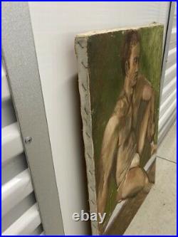 Rare Vintage Original Primitive Painting Figurative Nude Male Canvas Gay Int