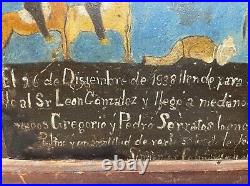 Rare two antique 1938 figural Mexican Folk Art retablo oil painting on tin tole