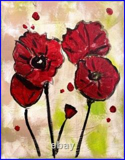 Red Poppies 11 X 14 Neo Impressionist Modern Acrylic Painting Canvas