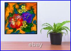 Red and Purple Flowers, Original Stained Glass Painting, Home Decor