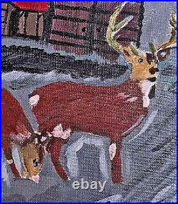 Reindeers in Snow Log Cabin Starry Night Vintage Folk Art Painting Homestead