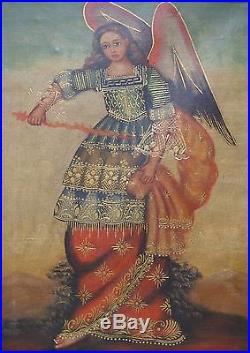 Religious Peruvian Cusco Folk Art Painting Angel with Fire Sword (Framed)