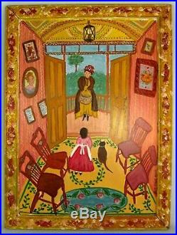 Rita Hicks Davis Signed Folk Art Painting Whimsical Ladies & Cat Naive