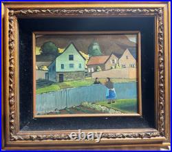 Robert Peet Hooks Signed Oil Painting Village Woman Houses Folk Art Framed 15x13
