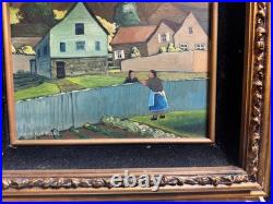Robert Peet Hooks Signed Oil Painting Village Woman Houses Folk Art Framed 15x13