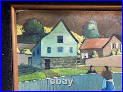 Robert Peet Hooks Signed Oil Painting Village Woman Houses Folk Art Framed 15x13