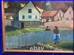 Robert Peet Hooks Signed Oil Painting Village Woman Houses Folk Art Framed 15x13