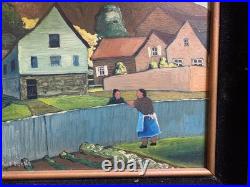 Robert Peet Hooks Signed Oil Painting Village Woman Houses Folk Art Framed 15x13