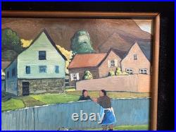 Robert Peet Hooks Signed Oil Painting Village Woman Houses Folk Art Framed 15x13
