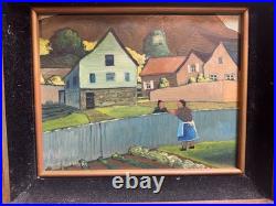 Robert Peet Hooks Signed Oil Painting Village Woman Houses Folk Art Framed 15x13
