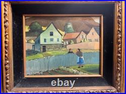 Robert Peet Hooks Signed Oil Painting Village Woman Houses Folk Art Framed 15x13