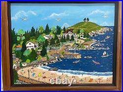 Roja or Rojo Signed 1990 Folk Art Style Oil Painting Beach Seaside Seascape