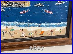 Roja or Rojo Signed 1990 Folk Art Style Oil Painting Beach Seaside Seascape
