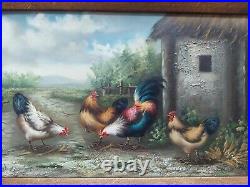 Rooster & Hens Oil painting on wood with frame vintage antique