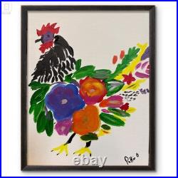 Rooster in Bloom Original 14x11 Modern Folk Art Painting Canvas Signed Decor