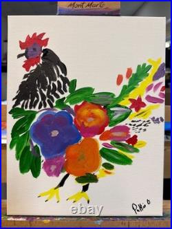 Rooster in Bloom Original 14x11 Modern Folk Art Painting Canvas Signed Decor