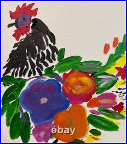 Rooster in Bloom Original 14x11 Modern Folk Art Painting Canvas Signed Decor