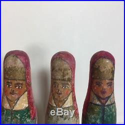 Russian Dolls Folk Art Skittle x 8 Hand Painted Marked Soviet Union 1920 1930
