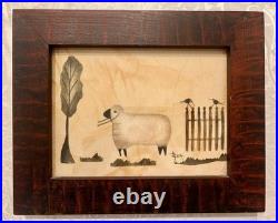 SIGNED ANN REA Folk Art Sheep with Birds Theorem Painting Oil On Velvet