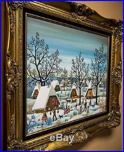 SIGNED A. KOWALSKI WINTER FOLK HOLIDAY OIL on CANVAS 19X24 NAIVE PAINTING RARE