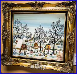 SIGNED A. KOWALSKI WINTER FOLK HOLIDAY OIL on CANVAS 19X24 NAIVE PAINTING RARE