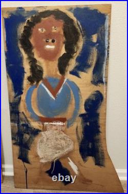 SIGNED EARLY JIMMIE SUDDUTH Untitled WOMAN In BLUE. Paint & Dirt On Wood Panel
