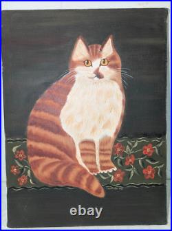 SIGNED ORIGINAL PAINTING FOLK ART STRIPED ORANGE TABBY CAT 1981 C LOVELAND 16x12
