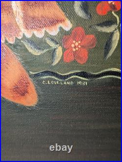 SIGNED ORIGINAL PAINTING FOLK ART STRIPED ORANGE TABBY CAT 1981 C LOVELAND 16x12