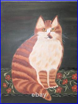 SIGNED ORIGINAL PAINTING FOLK ART STRIPED ORANGE TABBY CAT 1981 C LOVELAND 16x12