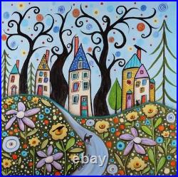 SUMMER BLOOMS 12x12x3/4 inch ORIG CANVAS PAINTING folk art prim Karla Gerard