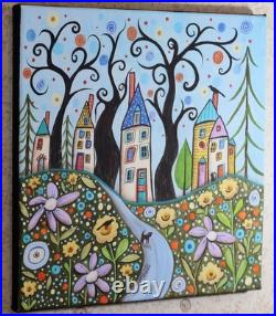 SUMMER BLOOMS 12x12x3/4 inch ORIG CANVAS PAINTING folk art prim Karla Gerard