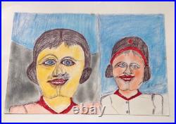 S L JONES Folk Art Outsider artist painting signed Two Faces (cat #9)