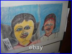 S L JONES Folk Art Outsider artist painting signed Two Faces (cat #9)