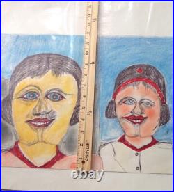 S L JONES Folk Art Outsider artist painting signed Two Faces (cat #9)